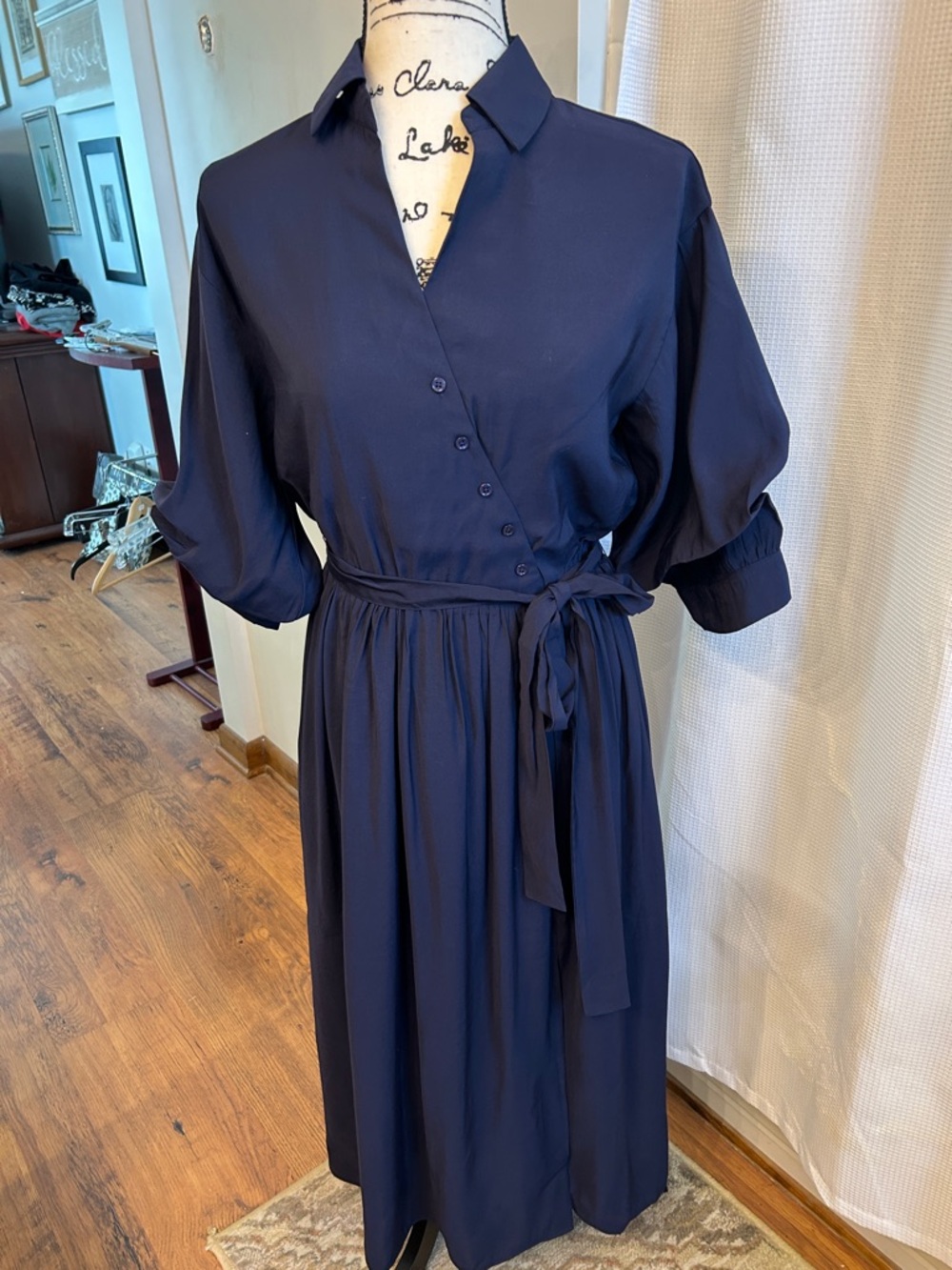 Avara The English Factory Classic Navy Wrap Shirtdress with Tie Waist, Small,NWT